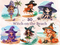 30 PNG Witch on the Beach Sublimation, Little Witch Png, Watercolor Summer Witch Clipart, Summer Shirts Design, Gothic PNG, Commercial Use