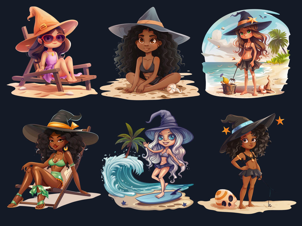 30 PNG Witch on the Beach Sublimation, Little Witch Png, Watercolor Summer Witch Clipart, Summer Shirts Design, Gothic PNG, Commercial Use