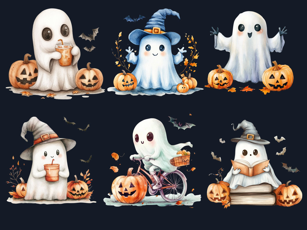 25 PNG Watercolor Cute Halloween Ghost Clipart, Kawaii Pumpkin Illustrations Clip art, Cute Funny Ghost Png, Spooky Season Sublimation