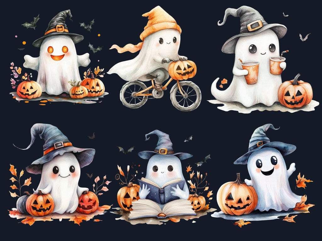 25 PNG Watercolor Cute Halloween Ghost Clipart, Kawaii Pumpkin Illustrations Clip art, Cute Funny Ghost Png, Spooky Season Sublimation