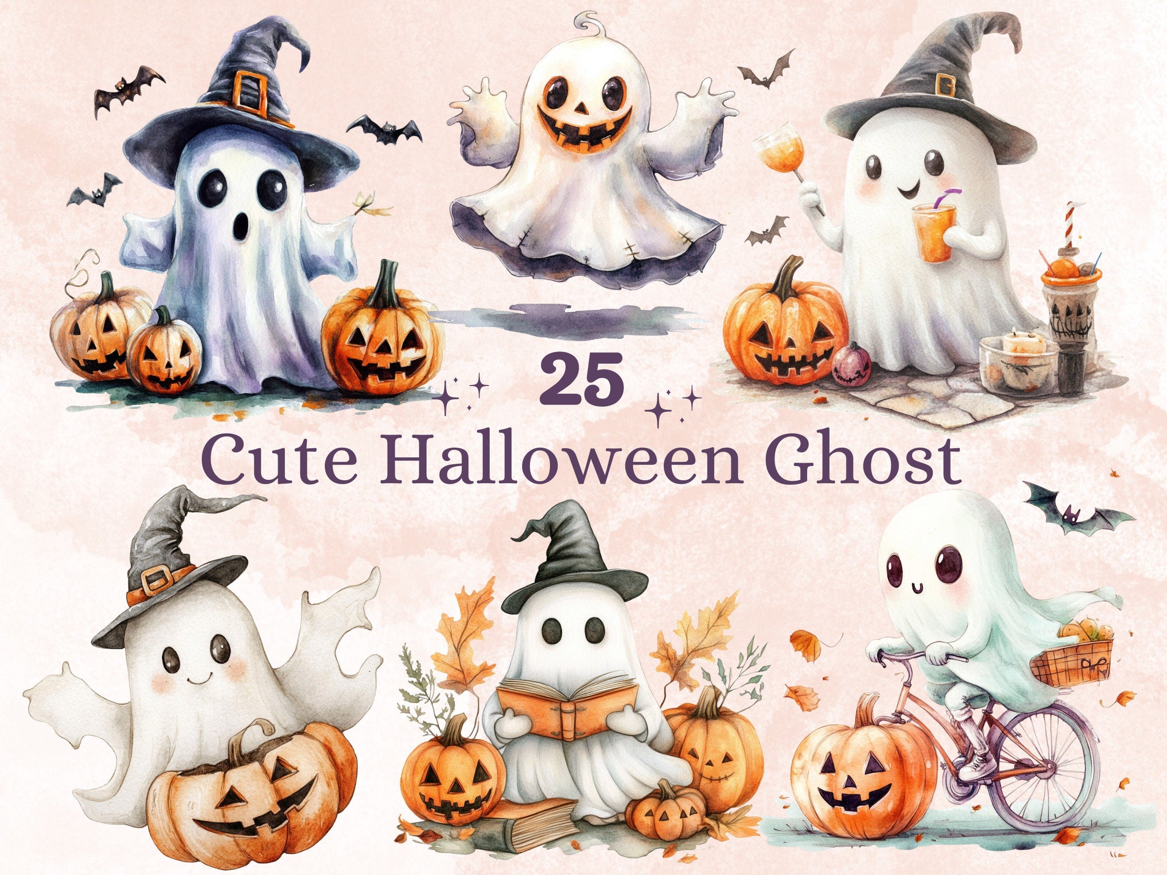25 PNG Watercolor Cute Halloween Ghost Clipart, Kawaii Pumpkin Illustrations Clip art, Cute Funny Ghost Png, Spooky Season Sublimation