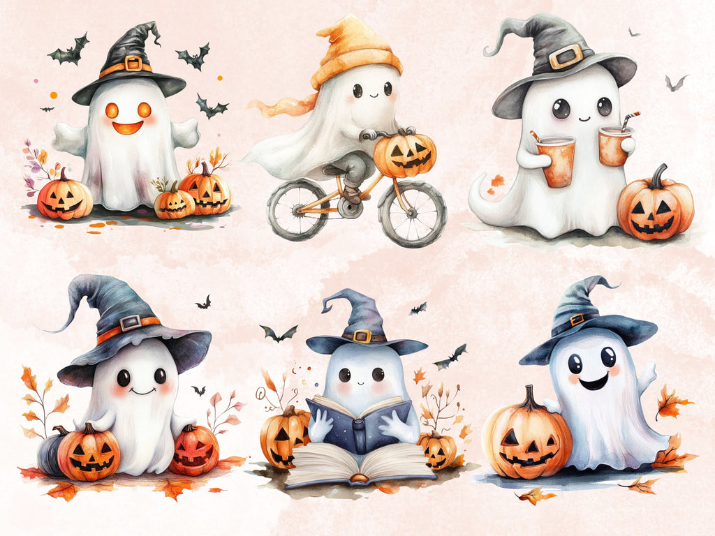 25 PNG Watercolor Cute Halloween Ghost Clipart, Kawaii Pumpkin Illustrations Clip art, Cute Funny Ghost Png, Spooky Season Sublimation