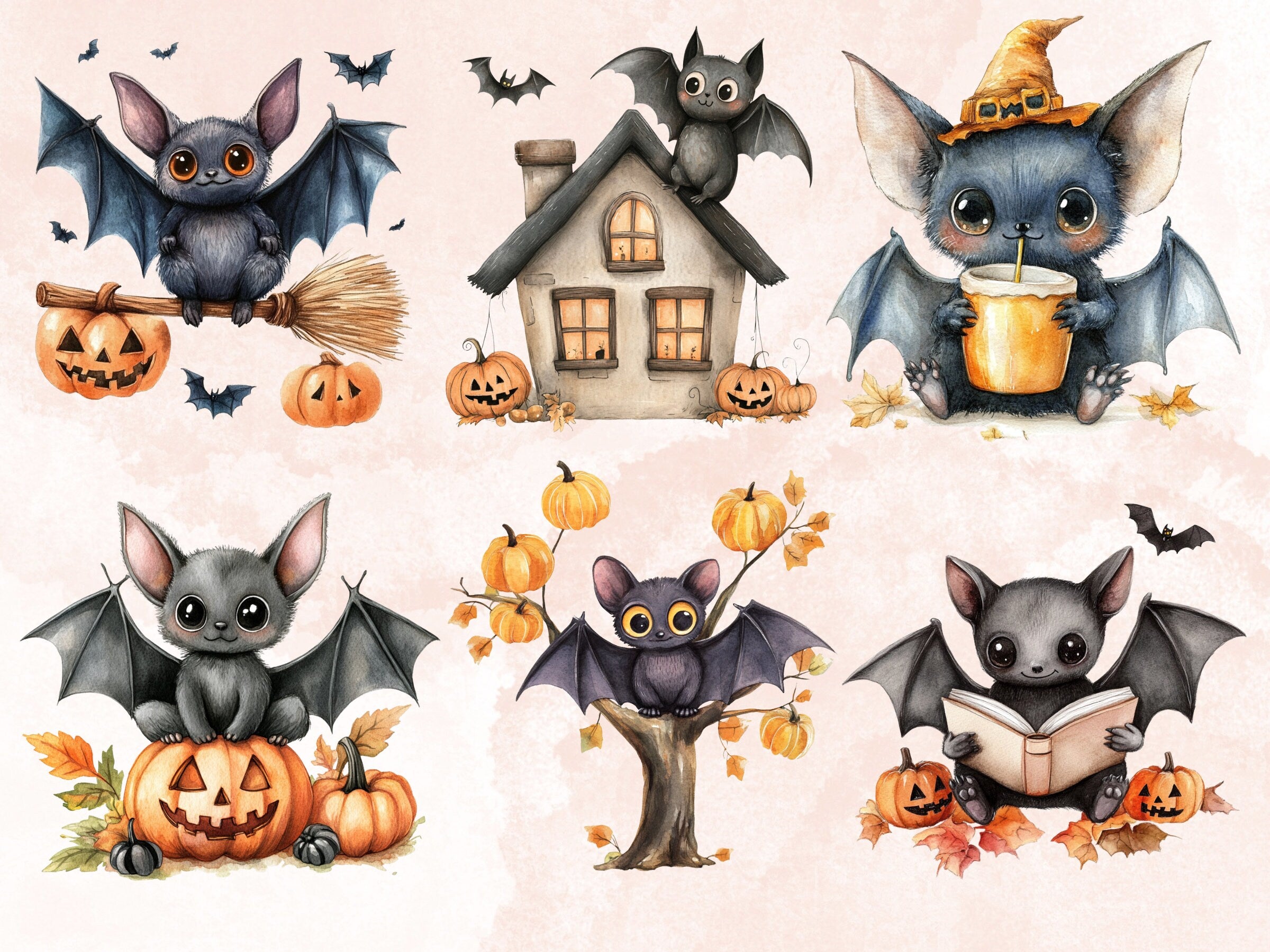 25 PNG Watercolor Cute Halloween Bat Clipart, Cute Creepy Animals Illustrations Clip art, Kawaii Funny Bat Png, Spooky Season Sublimation