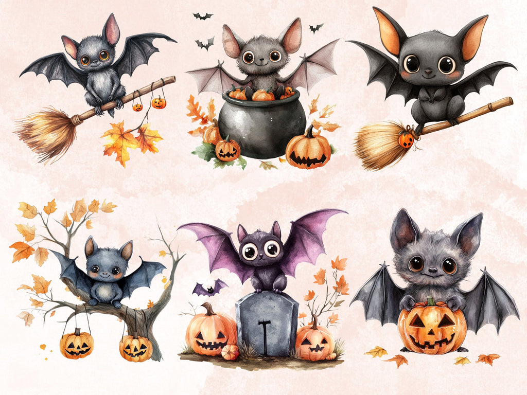 25 PNG Watercolor Cute Halloween Bat Clipart, Cute Creepy Animals Illustrations Clip art, Kawaii Funny Bat Png, Spooky Season Sublimation