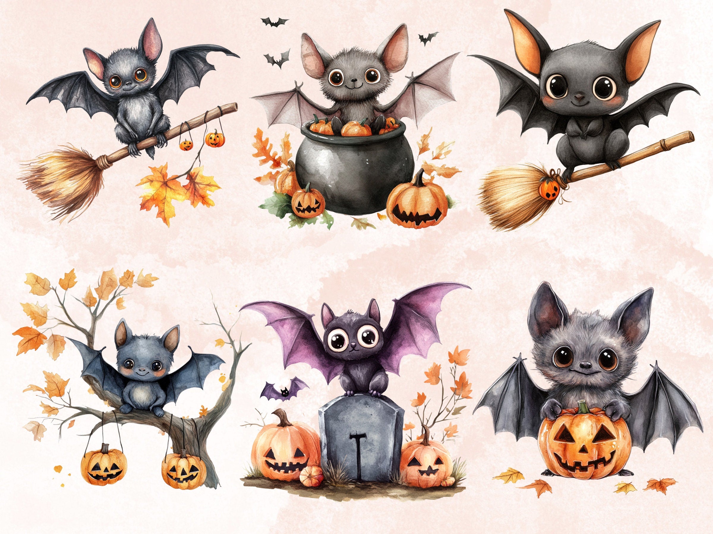 25 PNG Watercolor Cute Halloween Bat Clipart, Cute Creepy Animals Illustrations Clip art, Kawaii Funny Bat Png, Spooky Season Sublimation