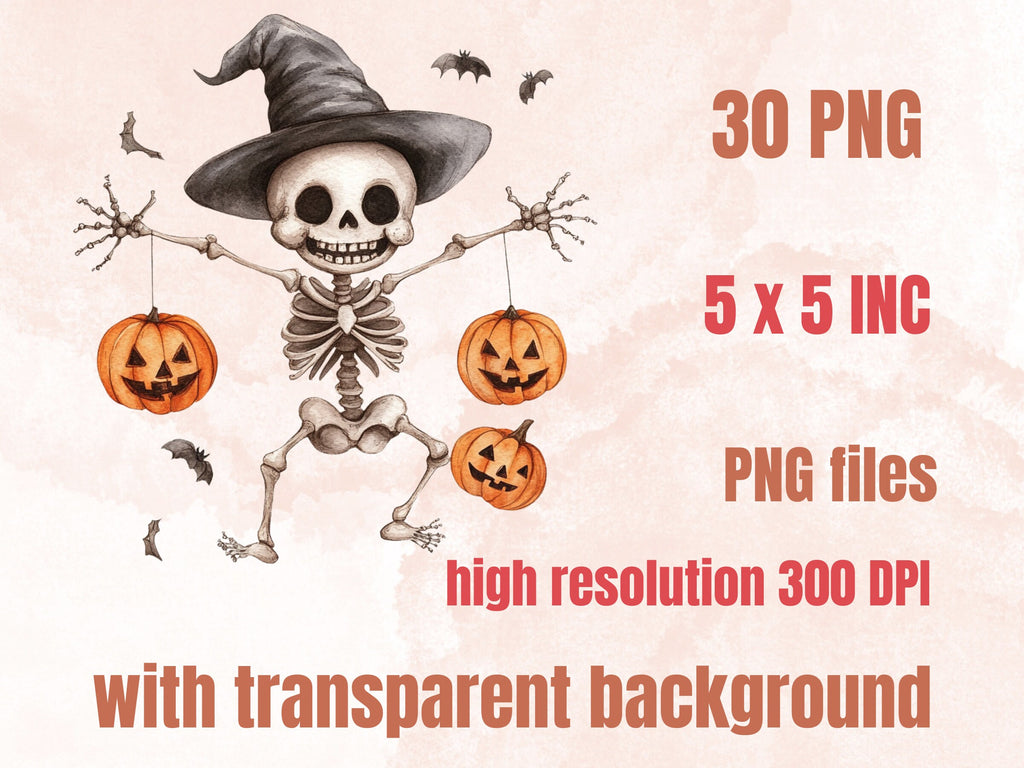 30 PNG Watercolor Cute Halloween Skeleton Clipart, Cute Creepy Illustrations Clip art, Kawaii Funny Skeleton Png, Spooky Season Sublimation