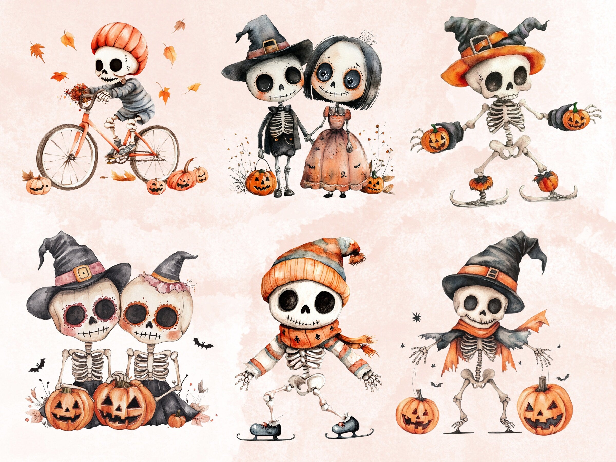 30 PNG Watercolor Cute Halloween Skeleton Clipart, Cute Creepy Illustrations Clip art, Kawaii Funny Skeleton Png, Spooky Season Sublimation