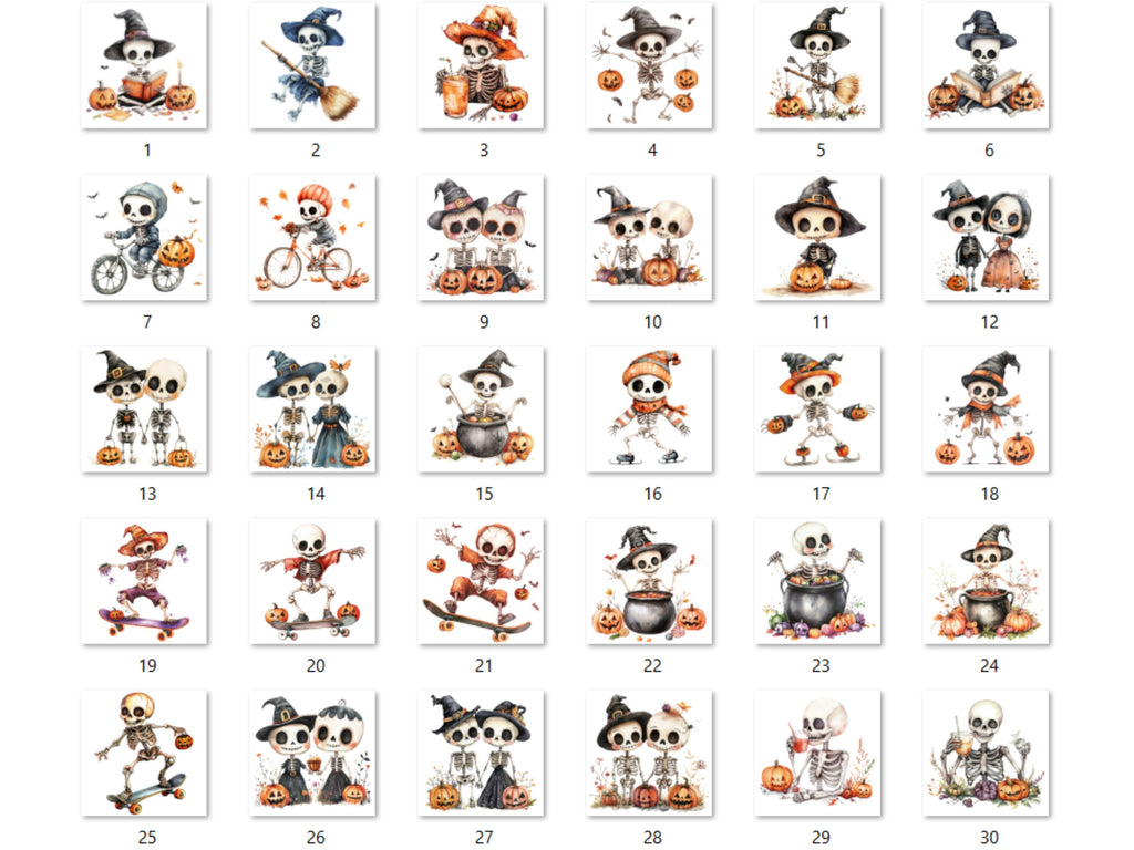 30 PNG Watercolor Cute Halloween Skeleton Clipart, Cute Creepy Illustrations Clip art, Kawaii Funny Skeleton Png, Spooky Season Sublimation