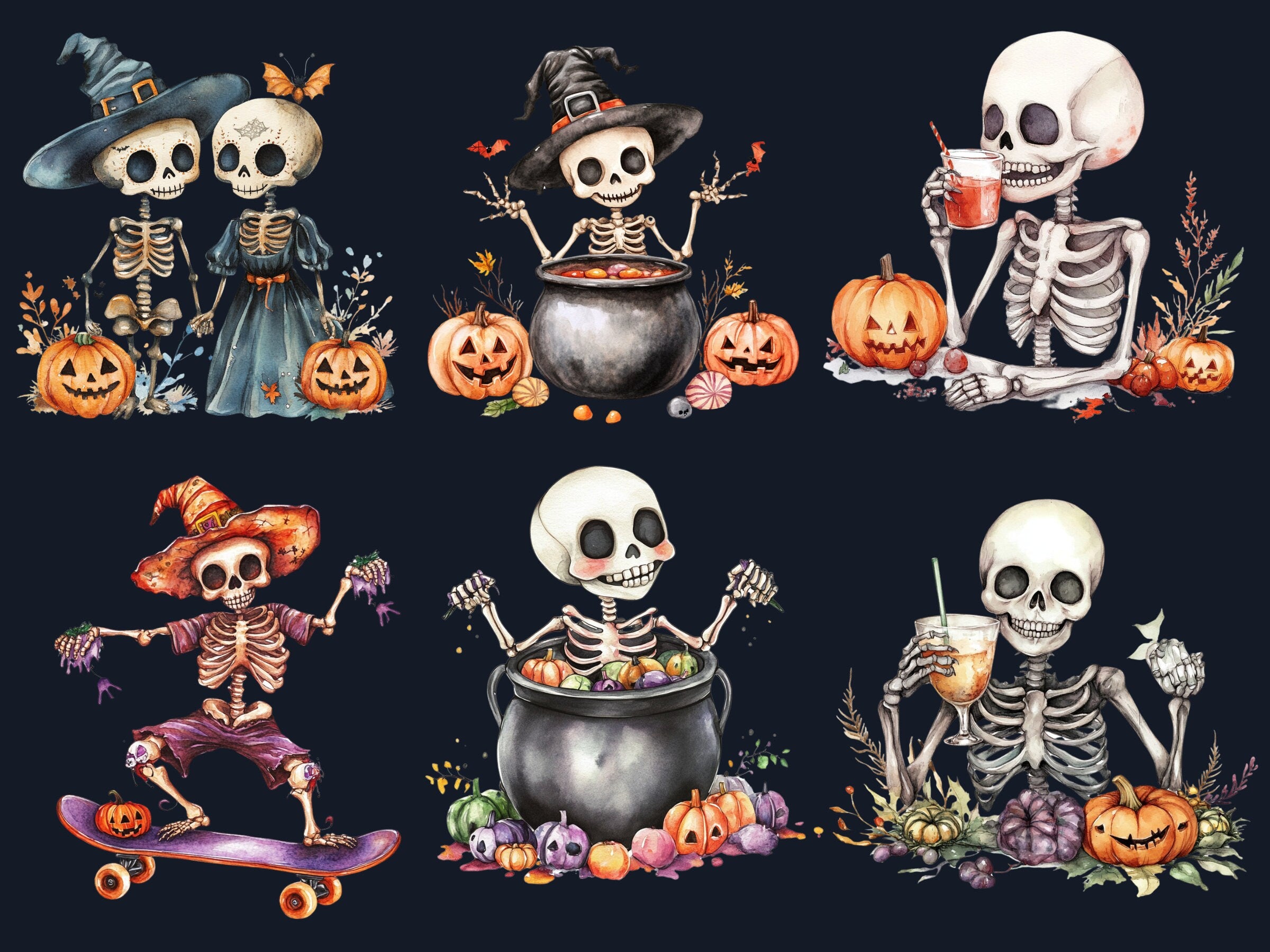 30 PNG Watercolor Cute Halloween Skeleton Clipart, Cute Creepy Illustrations Clip art, Kawaii Funny Skeleton Png, Spooky Season Sublimation