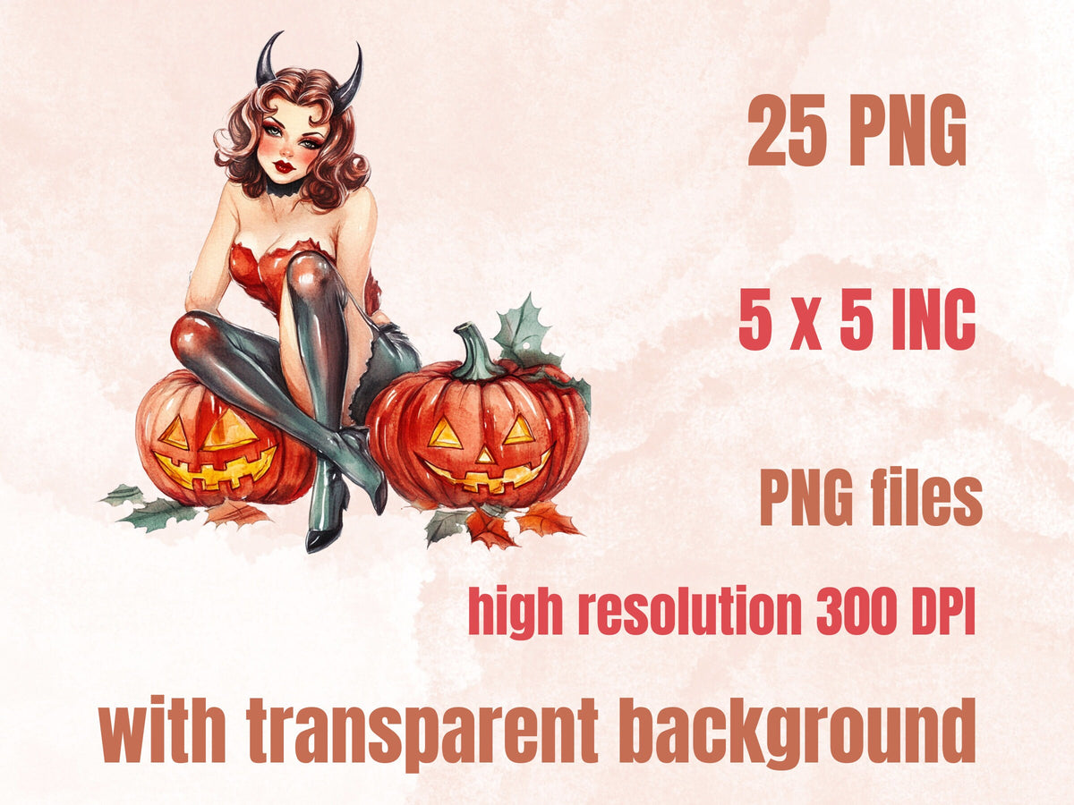 25 PNG Watercolor Vintage Halloween Pin Up Girls Clipart, Retro Halloween Woman Illustrations Clip art, Witchcraft png, Spooky Sublimation