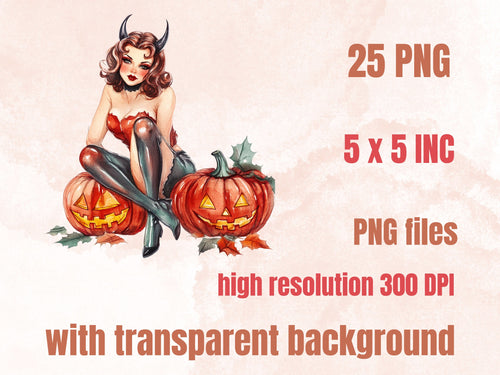 25 PNG Watercolor Vintage Halloween Pin Up Girls Clipart, Retro Halloween Woman Illustrations Clip art, Witchcraft png, Spooky Sublimation
