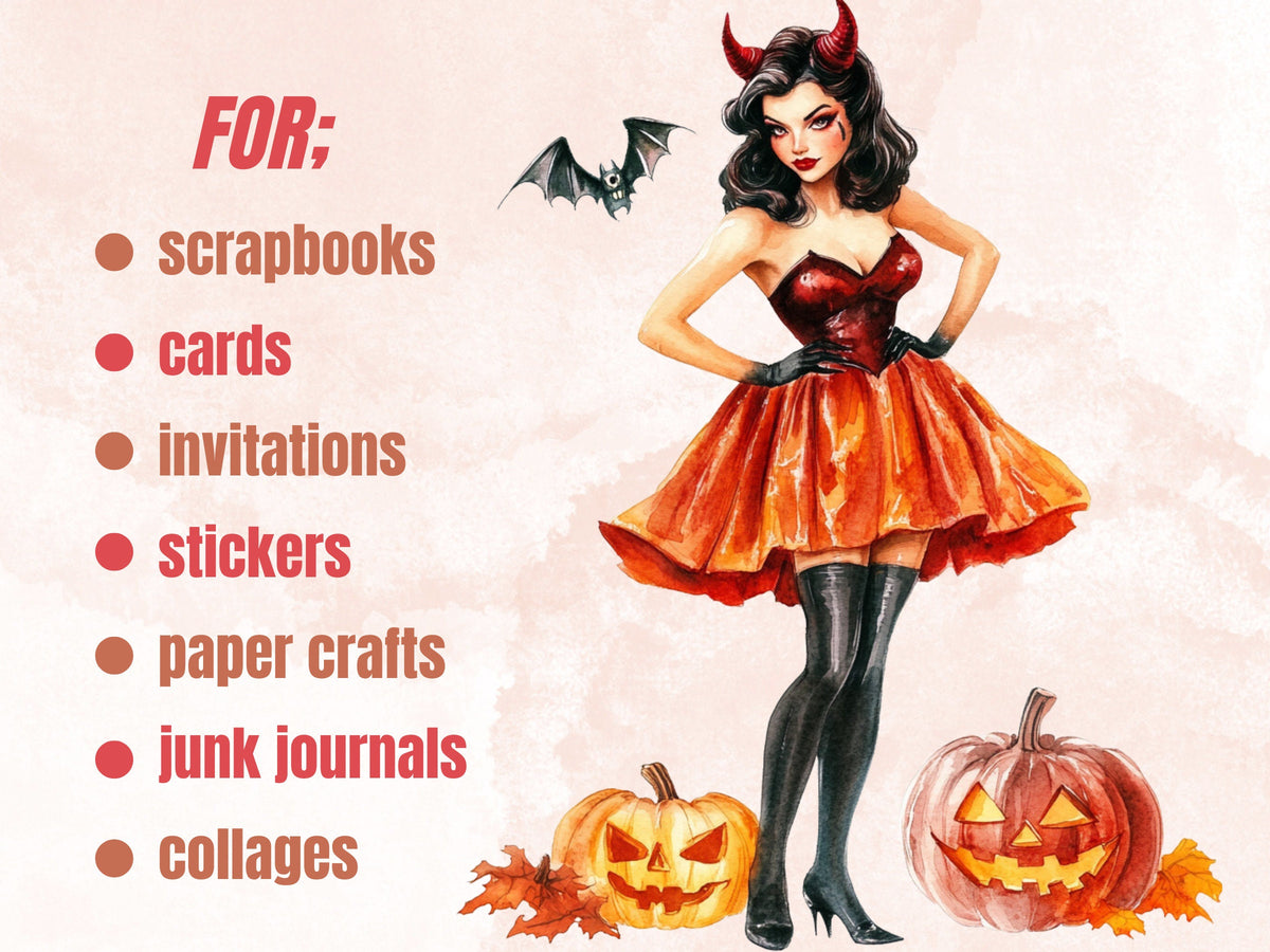 25 PNG Watercolor Vintage Halloween Pin Up Girls Clipart, Retro Halloween Woman Illustrations Clip art, Witchcraft png, Spooky Sublimation