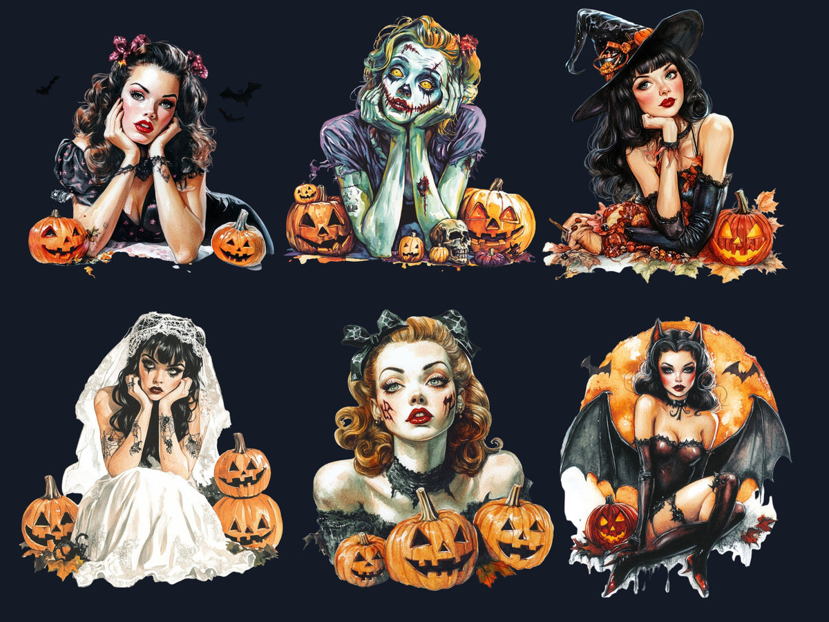 25 PNG Watercolor Vintage Halloween Pin Up Girls Clipart, Retro Halloween Woman Illustrations Clip art, Witchcraft png, Spooky Sublimation