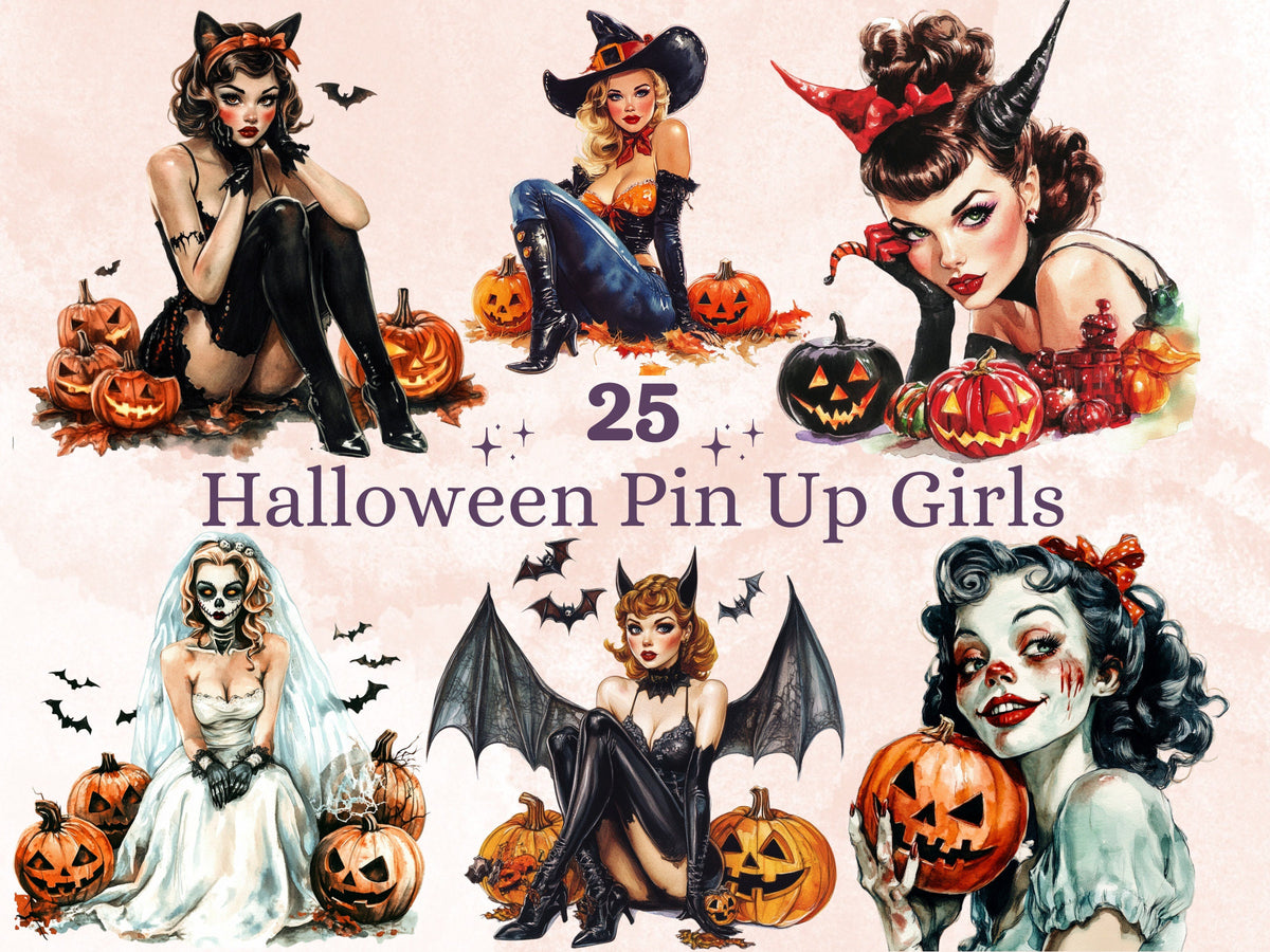 25 PNG Watercolor Vintage Halloween Pin Up Girls Clipart, Retro Halloween Woman Illustrations Clip art, Witchcraft png, Spooky Sublimation