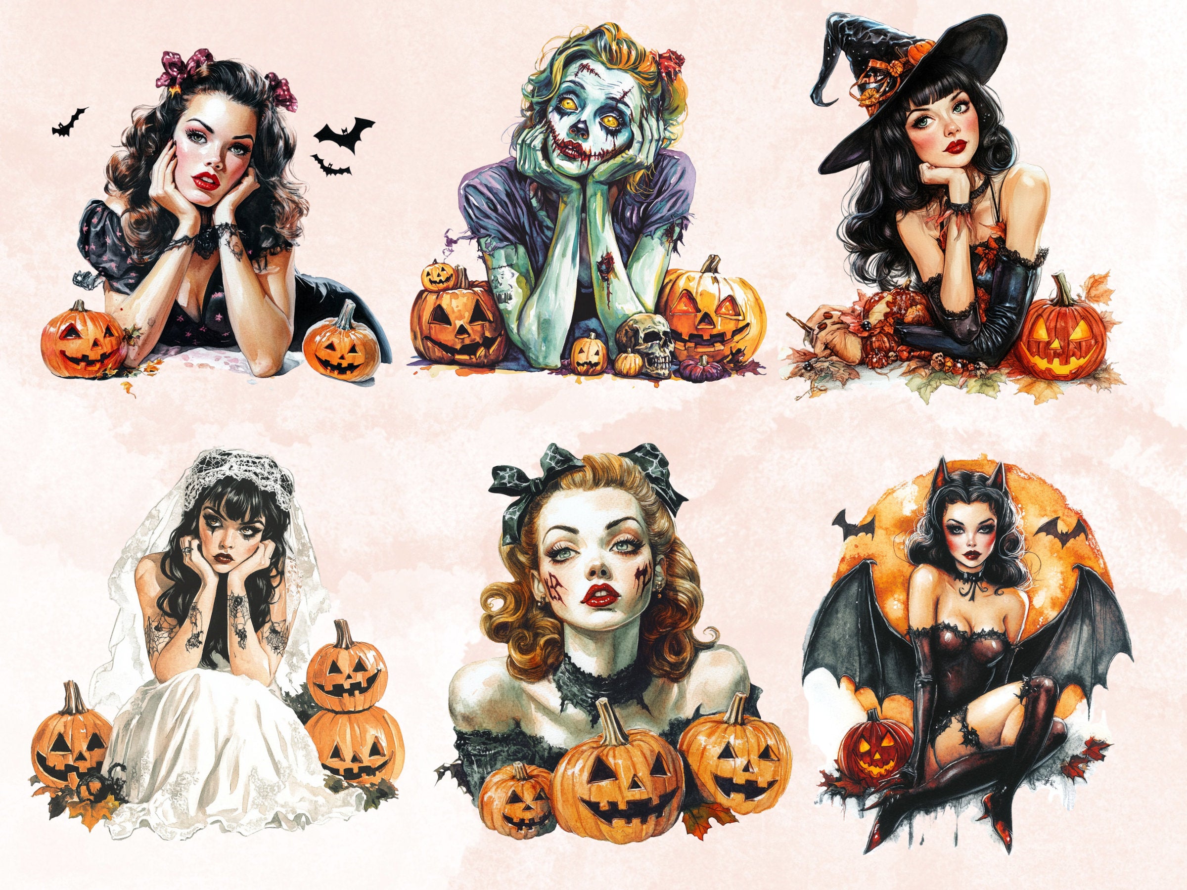 25 PNG Watercolor Vintage Halloween Pin Up Girls Clipart, Retro Halloween Woman Illustrations Clip art, Witchcraft png, Spooky Sublimation