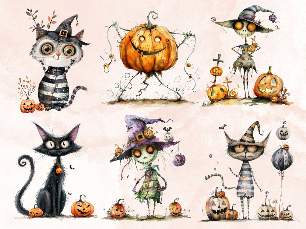 50 PNG Watercolor Quirky Halloween Bundle Clipart, Whimsical Halloween Illustrations Clip art, Cute Creepy png, Spooky Season Sublimation