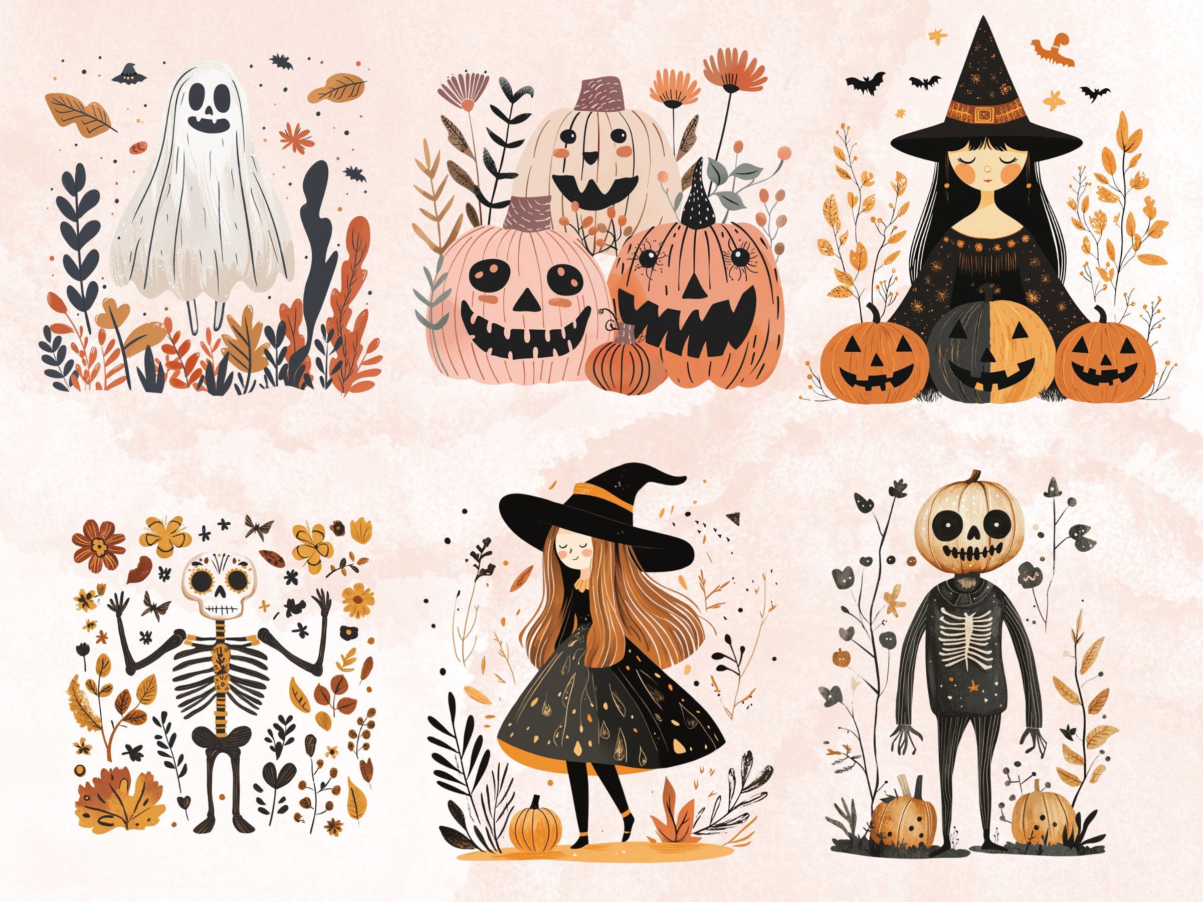 70 PNG Watercolour Scandinavian Halloween Clipart, Halloween Folk Art Illustrations Clip art, Fall Holiday png, Nordic Autumn Ornaments