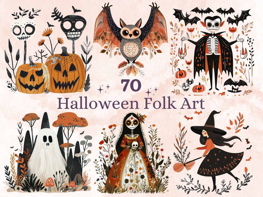 70 PNG Watercolour Scandinavian Halloween Clipart, Halloween Folk Art Illustrations Clip art, Fall Holiday png, Nordic Autumn Ornaments