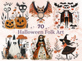 70 PNG Watercolour Scandinavian Halloween Clipart, Halloween Folk Art Illustrations Clip art, Fall Holiday png, Nordic Autumn Ornaments