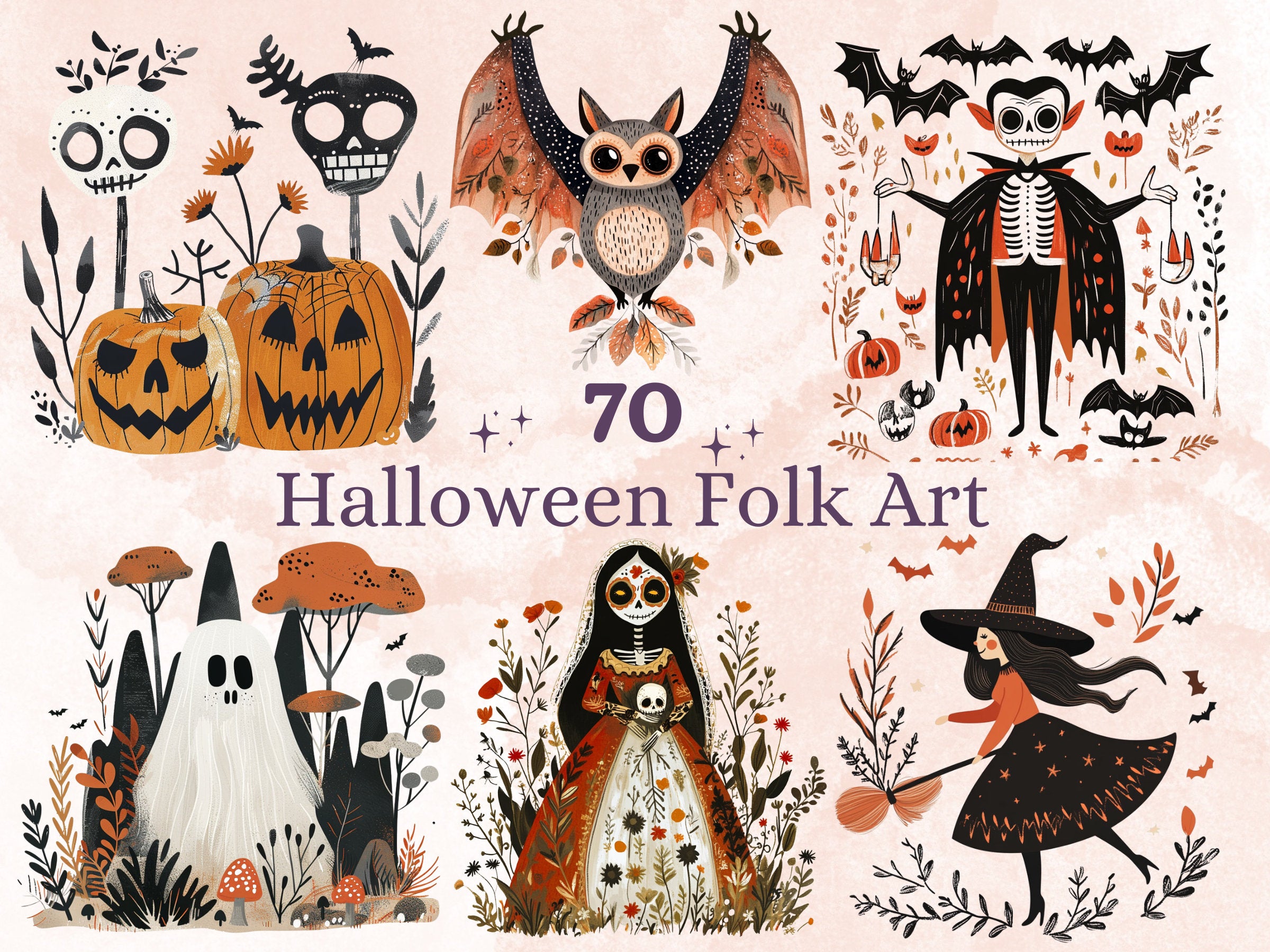 70 PNG Watercolour Scandinavian Halloween Clipart, Halloween Folk Art Illustrations Clip art, Fall Holiday png, Nordic Autumn Ornaments