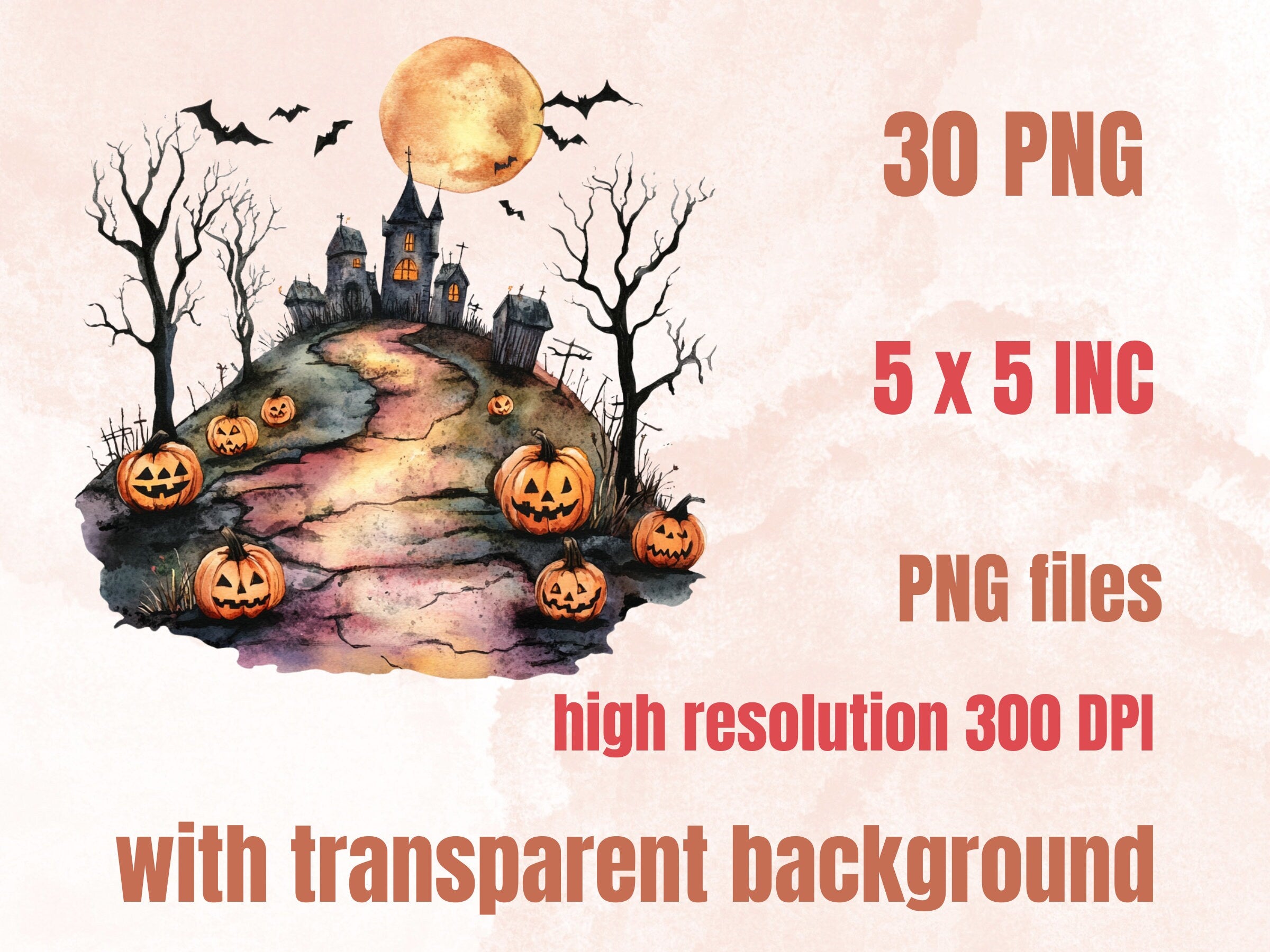 30 PNG Watercolor Halloween Landscapes Clipart, Halloween Scenes Illustrations Clip art, Gothic Pumpkin Tree png, Haunted Forest Sublimation