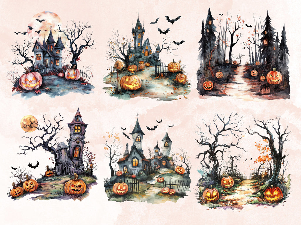 30 PNG Watercolor Halloween Landscapes Clipart, Halloween Scenes Illustrations Clip art, Gothic Pumpkin Tree png, Haunted Forest Sublimation