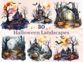 30 PNG Watercolor Halloween Landscapes Clipart, Halloween Scenes Illustrations Clip art, Gothic Pumpkin Tree png, Haunted Forest Sublimation