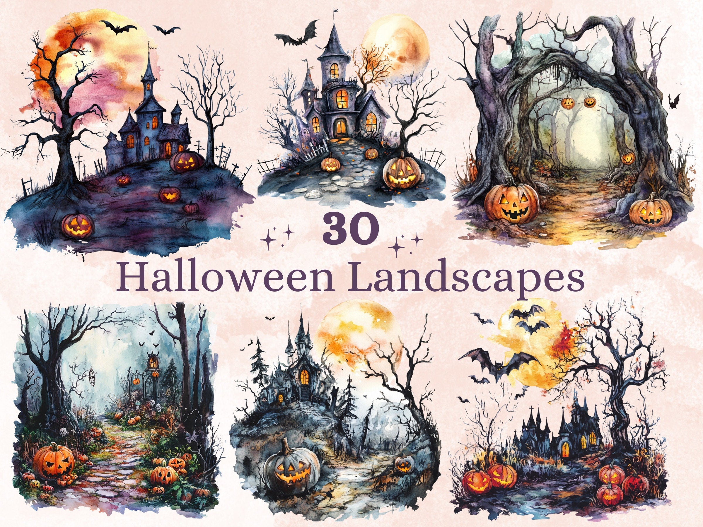 30 PNG Watercolor Halloween Landscapes Clipart, Halloween Scenes Illustrations Clip art, Gothic Pumpkin Tree png, Haunted Forest Sublimation