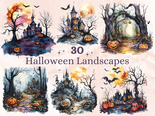 30 PNG Watercolor Halloween Landscapes Clipart, Halloween Scenes Illustrations Clip art, Gothic Pumpkin Tree png, Haunted Forest Sublimation