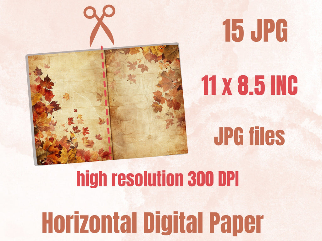 Autumn Junk Journal Paper, Fall Leaves Double Pages Ephemera Kit, Autumn Collage Scrapbook Paper, Printable Pumpkin Horizontal Digital Pages