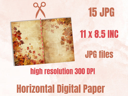 Autumn Junk Journal Paper, Fall Leaves Double Pages Ephemera Kit, Autumn Collage Scrapbook Paper, Printable Pumpkin Horizontal Digital Pages