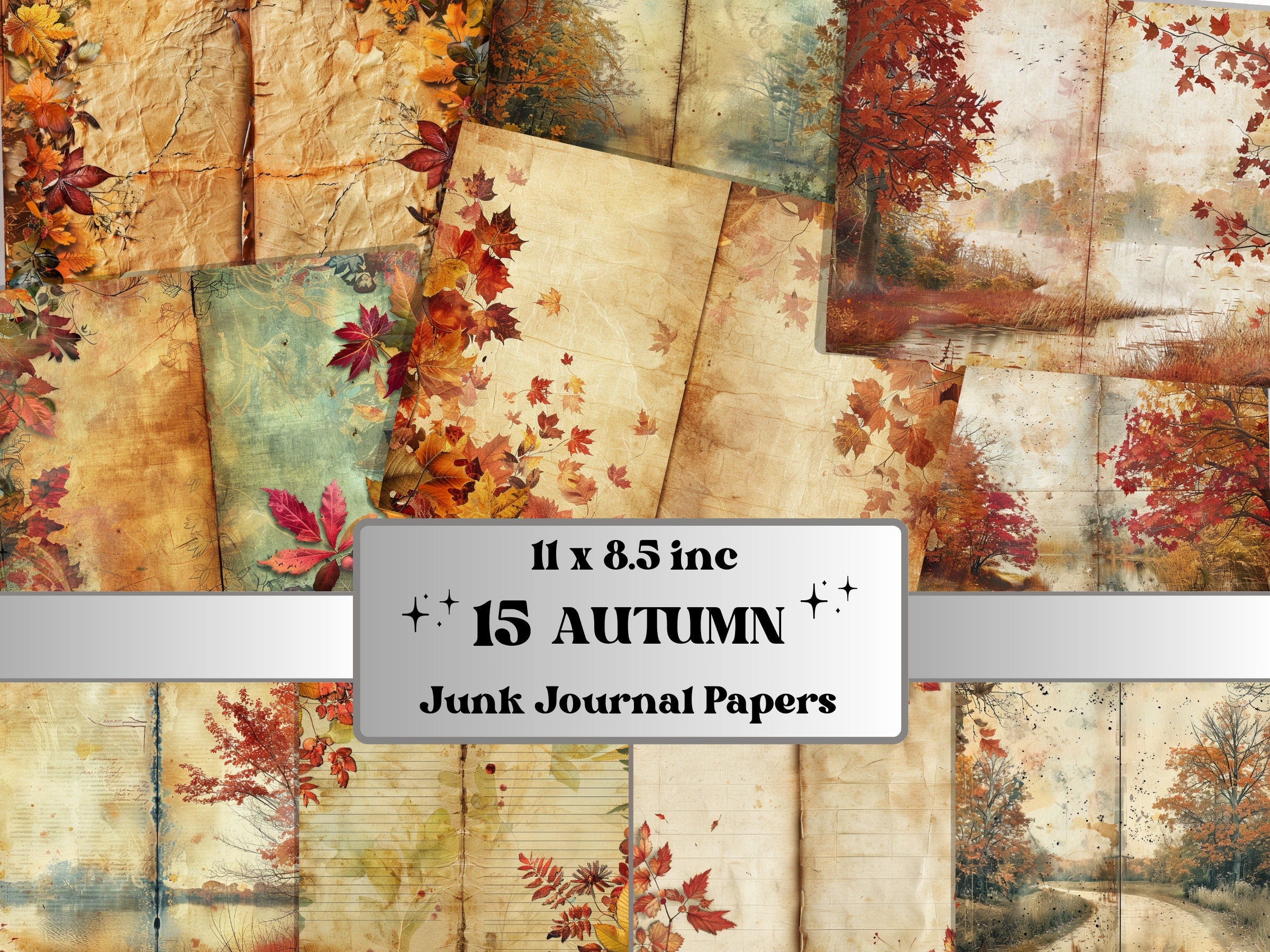 Autumn Junk Journal Paper, Fall Leaves Double Pages Ephemera Kit, Autumn Collage Scrapbook Paper, Printable Pumpkin Horizontal Digital Pages