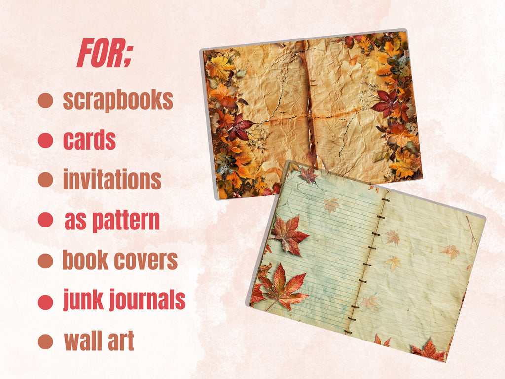 Autumn Junk Journal Paper, Fall Leaves Double Pages Ephemera Kit, Autumn Collage Scrapbook Paper, Printable Pumpkin Horizontal Digital Pages