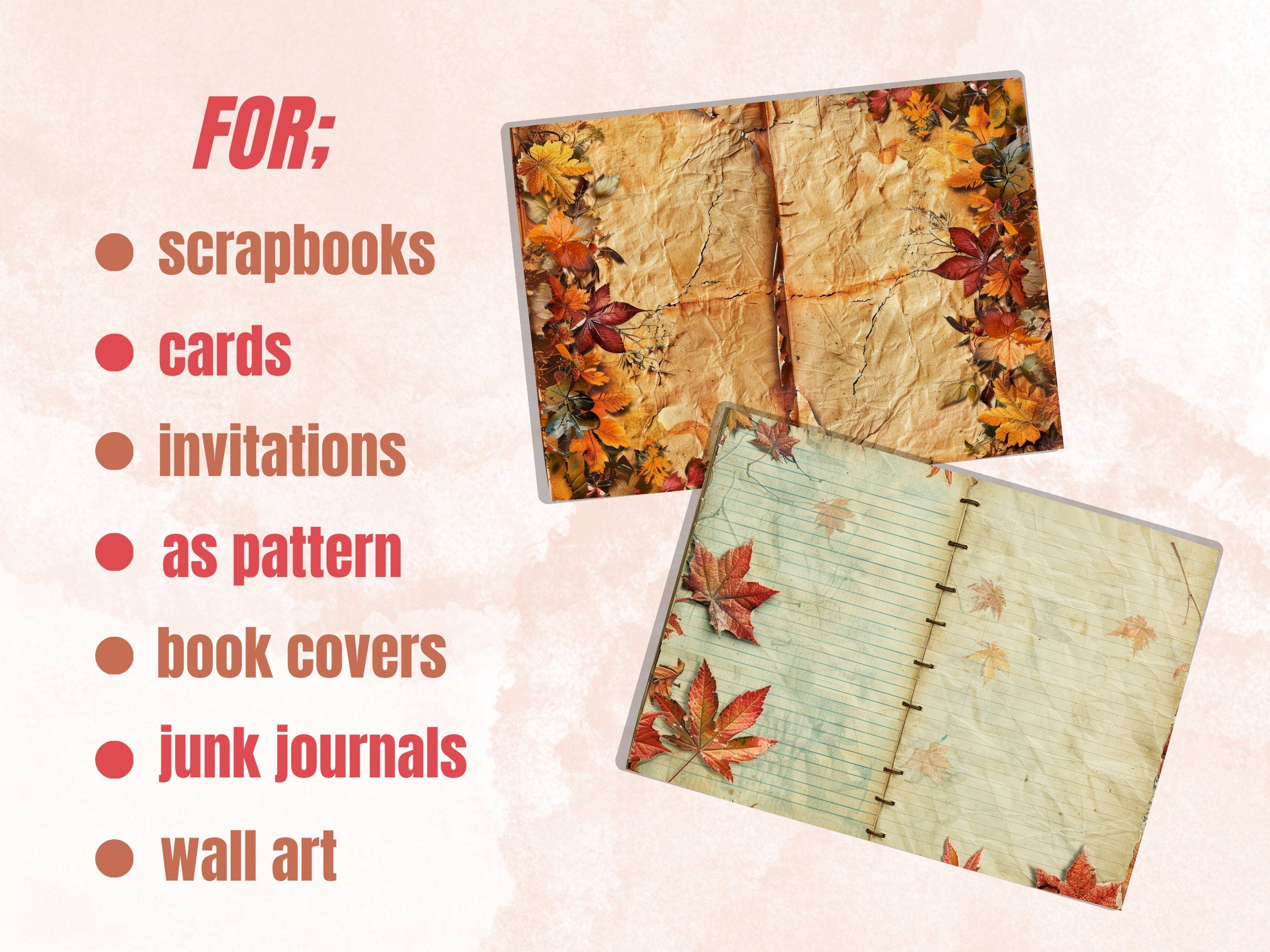 Autumn Junk Journal Paper, Fall Leaves Double Pages Ephemera Kit, Autumn Collage Scrapbook Paper, Printable Pumpkin Horizontal Digital Pages