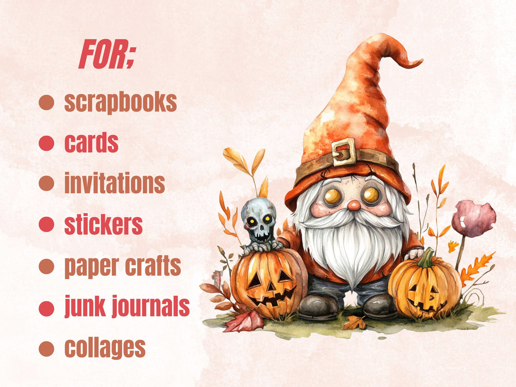30 PNG Watercolor Cute Halloween Gnome Clipart, Funny Halloween Illustrations Clip art, Fall Garden Gnome png, Pumpkin Gnome Sublimation