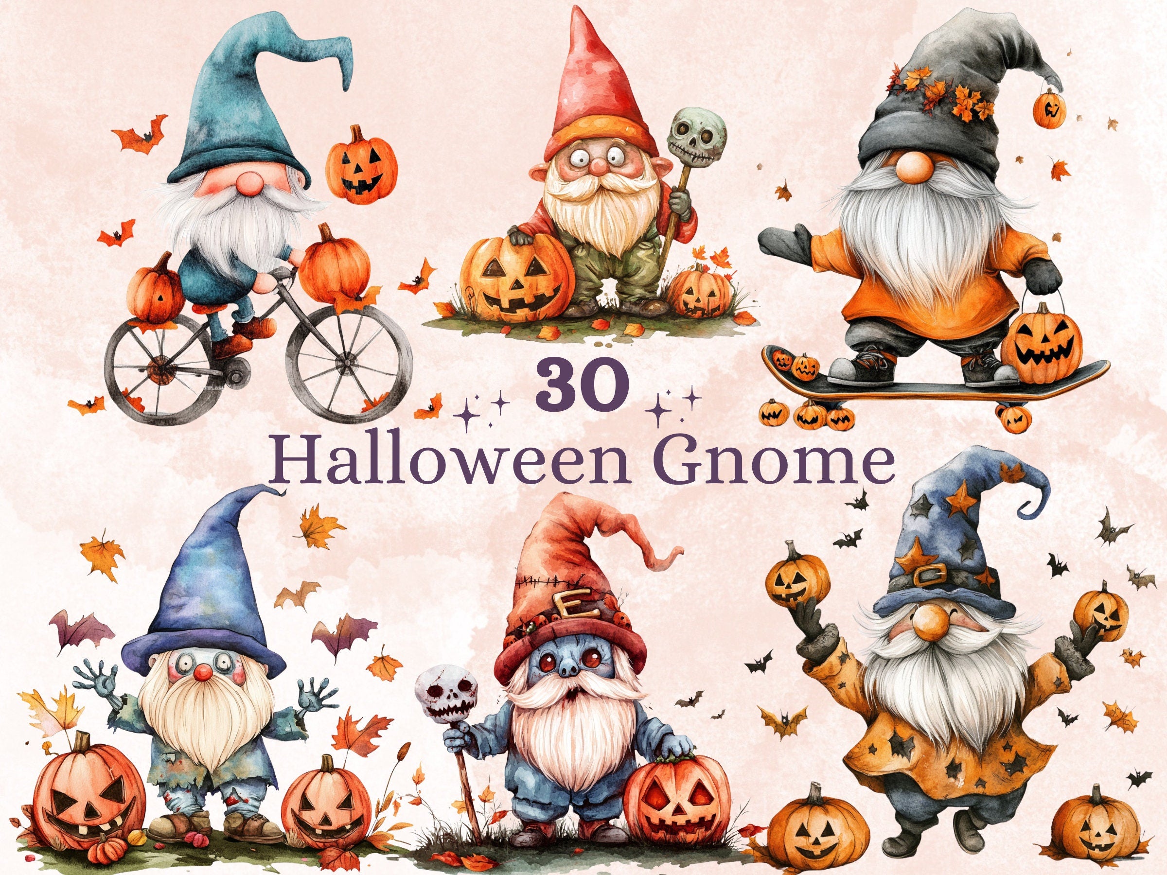 30 PNG Watercolor Cute Halloween Gnome Clipart, Funny Halloween Illustrations Clip art, Fall Garden Gnome png, Pumpkin Gnome Sublimation