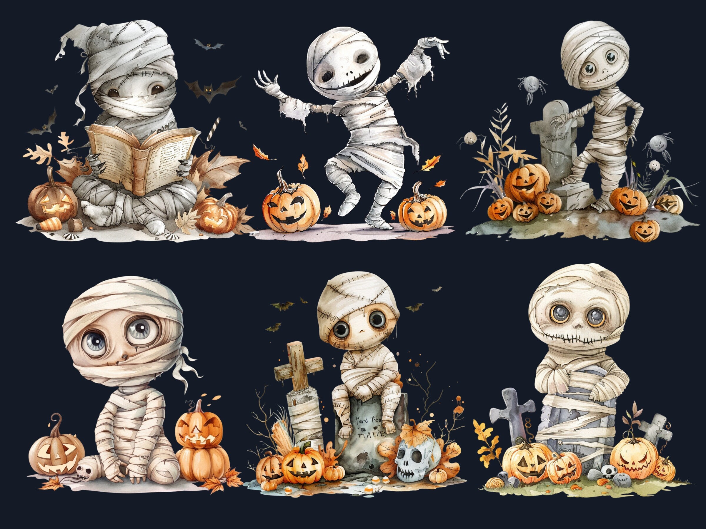 30 PNG Watercolor Halloween Mummy Clipart, Cute Creepy Halloween Illustration Clip art, Halloween Characters png, Spooky Pumpkin Sublimation
