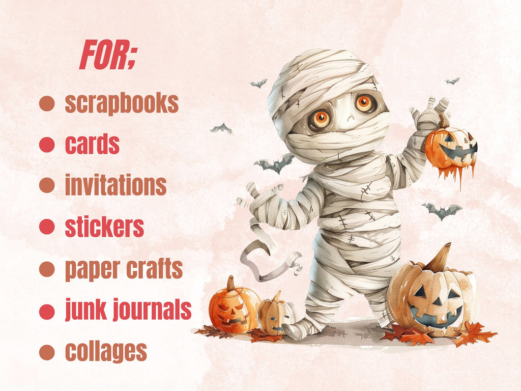 30 PNG Watercolor Halloween Mummy Clipart, Cute Creepy Halloween Illustration Clip art, Halloween Characters png, Spooky Pumpkin Sublimation