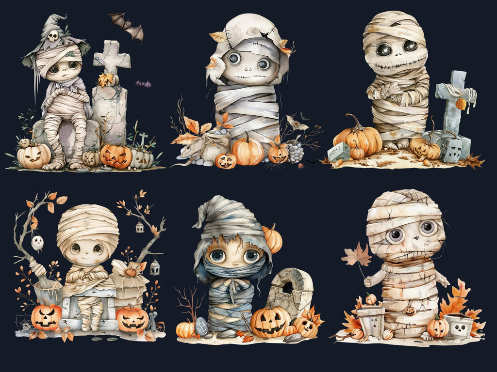 30 PNG Watercolor Halloween Mummy Clipart, Cute Creepy Halloween Illustration Clip art, Halloween Characters png, Spooky Pumpkin Sublimation