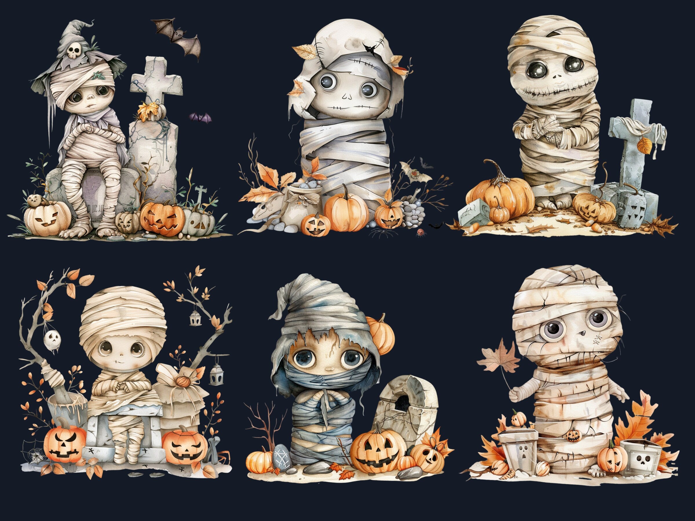 30 PNG Watercolor Halloween Mummy Clipart, Cute Creepy Halloween Illustration Clip art, Halloween Characters png, Spooky Pumpkin Sublimation