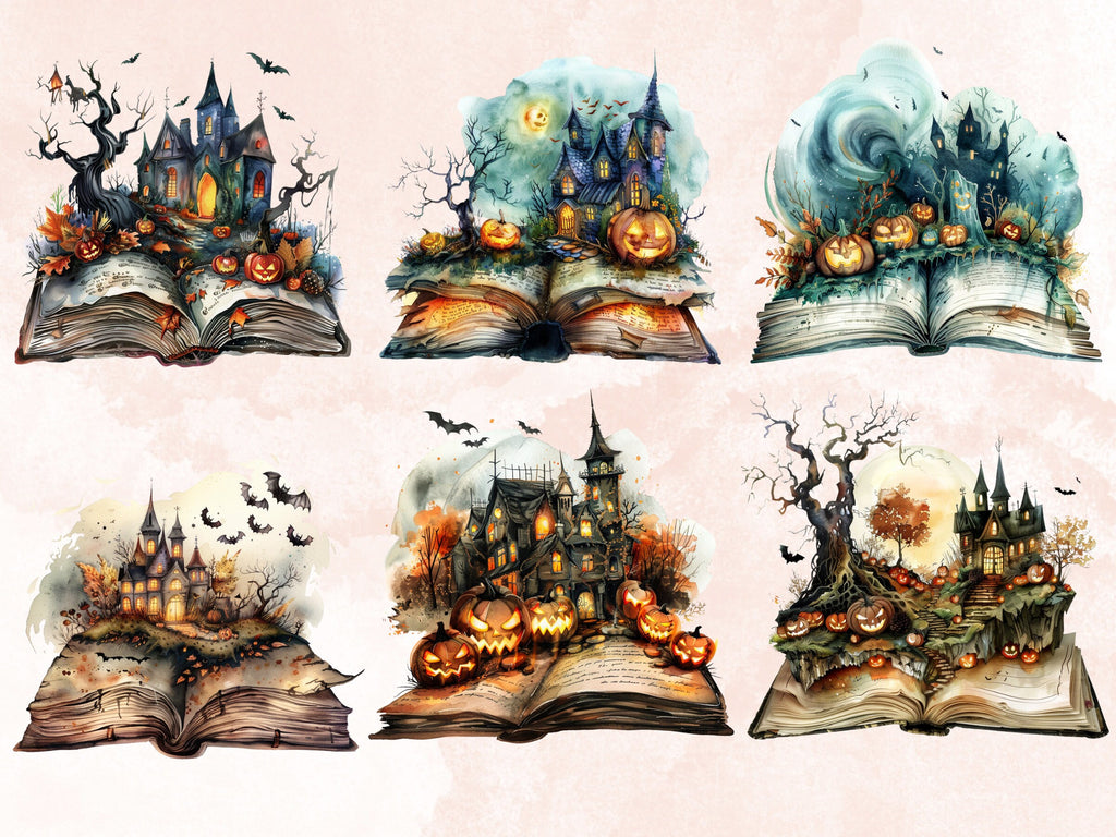 25 PNG Watercolor Fantasy Halloween Books Clipart, Open Book Clip Art, Gothic Floral Book PNG, Cute Creepy Book clip art, Witch Magic Books