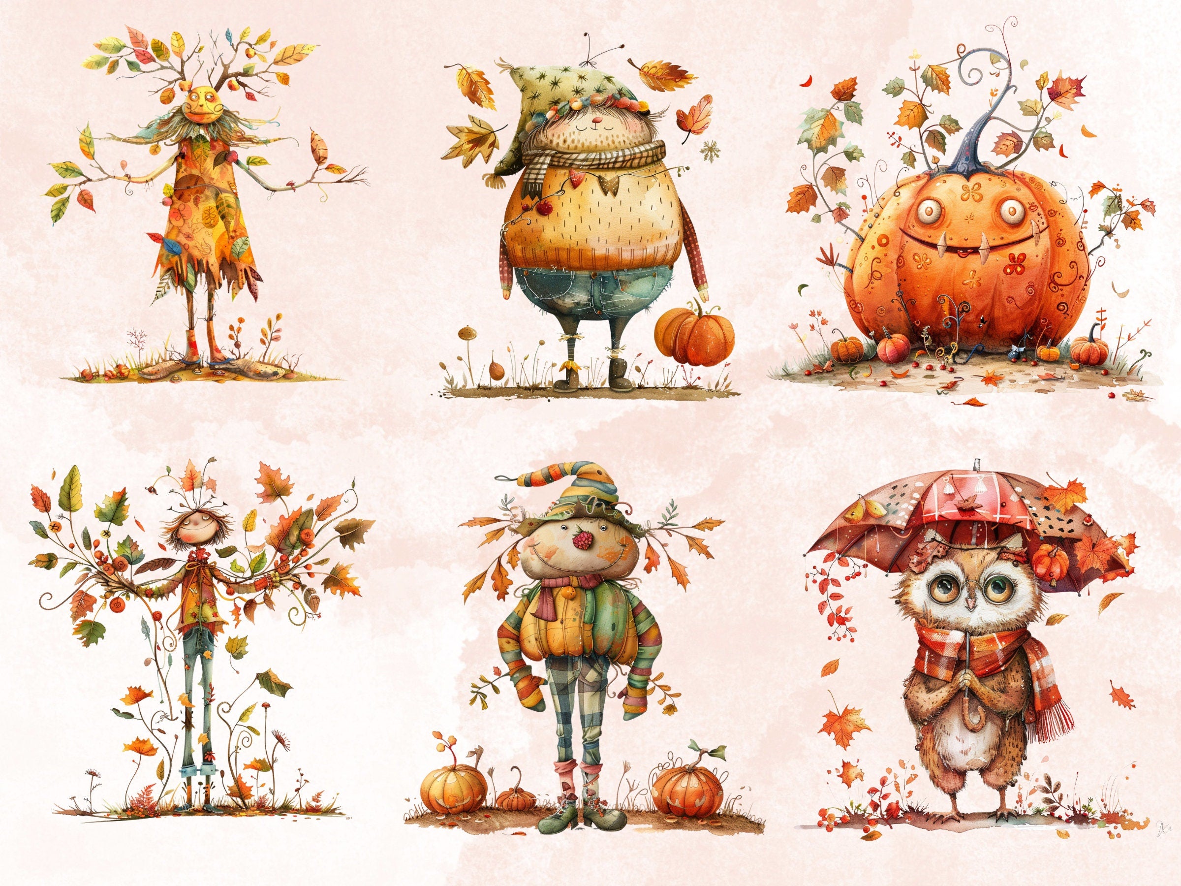 50 PNG Watercolor Quirky Autumn Bundle Clipart, Whimsical Fall Girl Illustrations Clip art, Funny Autumn Bird png, Quirky Houses Sublimation