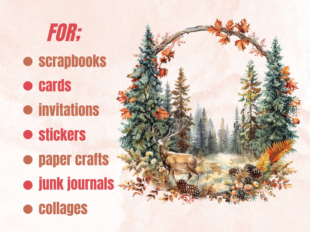 30 PNG Watercolor Autumn Landscape Clipart, Fall Forest Scenes Illustrations Clip art, Fall Woodland png, Autumn Tree Leaves Sublimation
