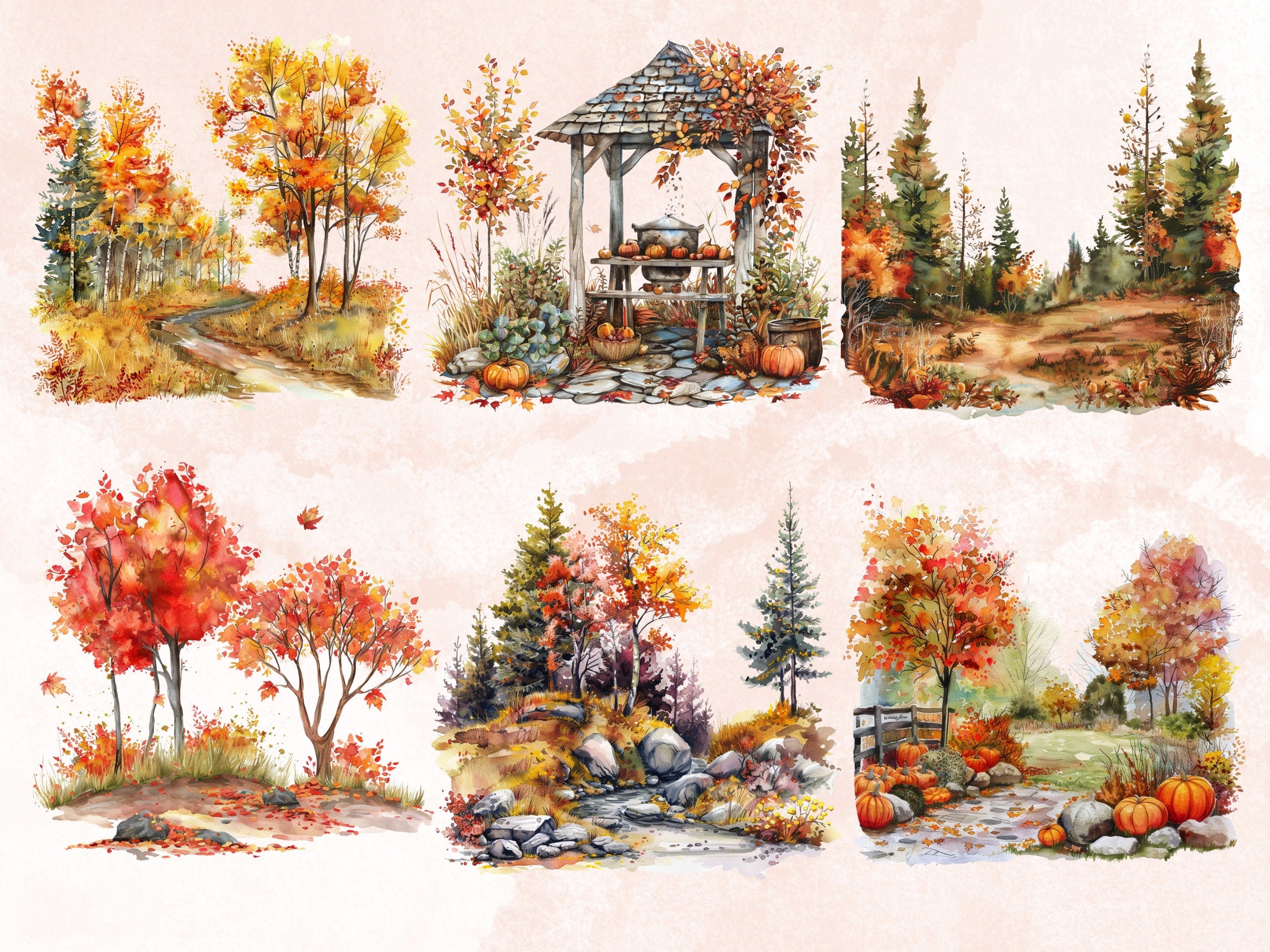 30 PNG Watercolor Autumn Landscape Clipart, Fall Forest Scenes Illustrations Clip art, Fall Woodland png, Autumn Tree Leaves Sublimation