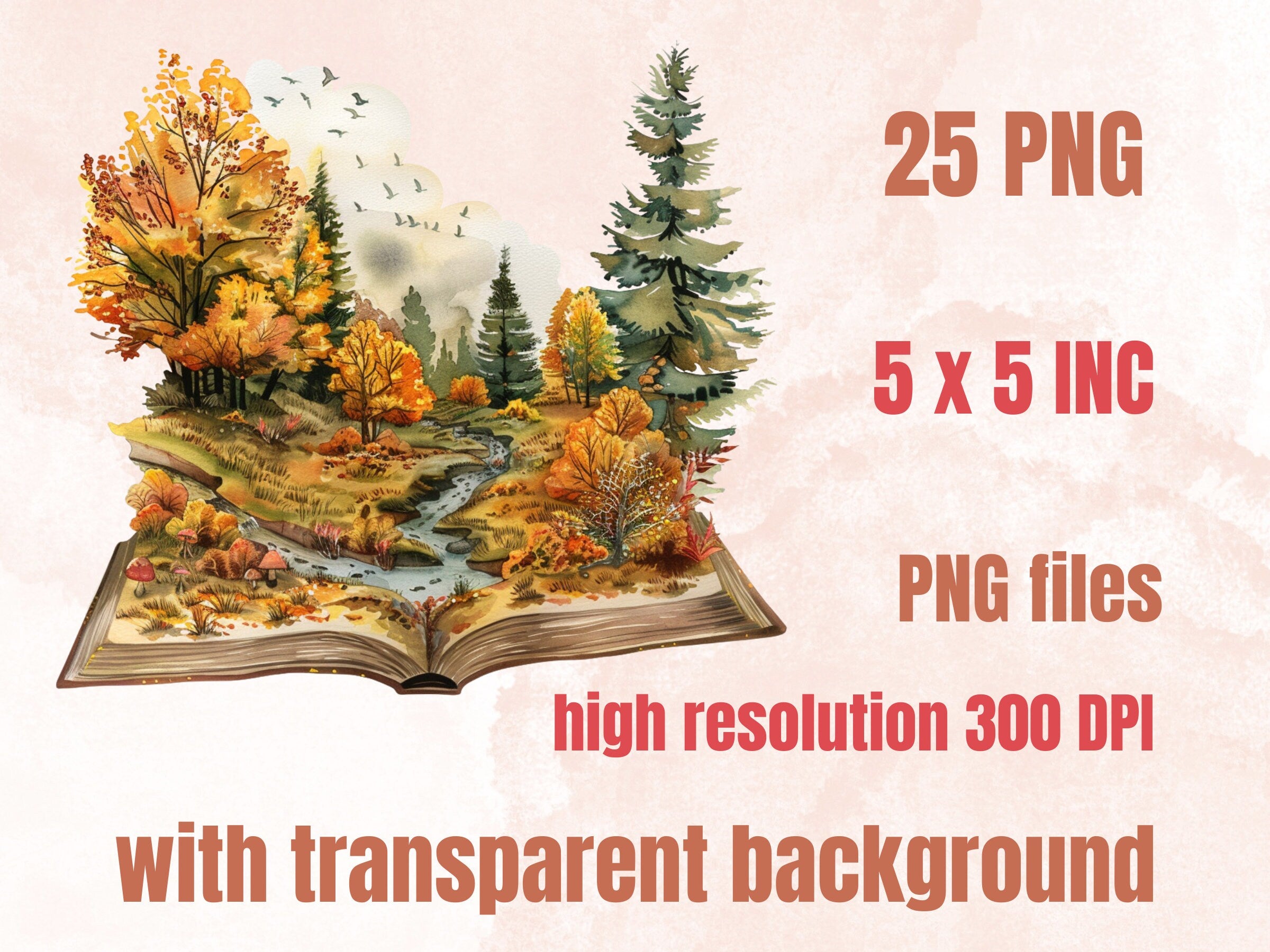 25 PNG Watercolor Fantasy Autumn Books Clipart, Open Book Clip Art, Floral Garden Book PNG, Fall Pumpkin Forest clip art, Witch Magic Books