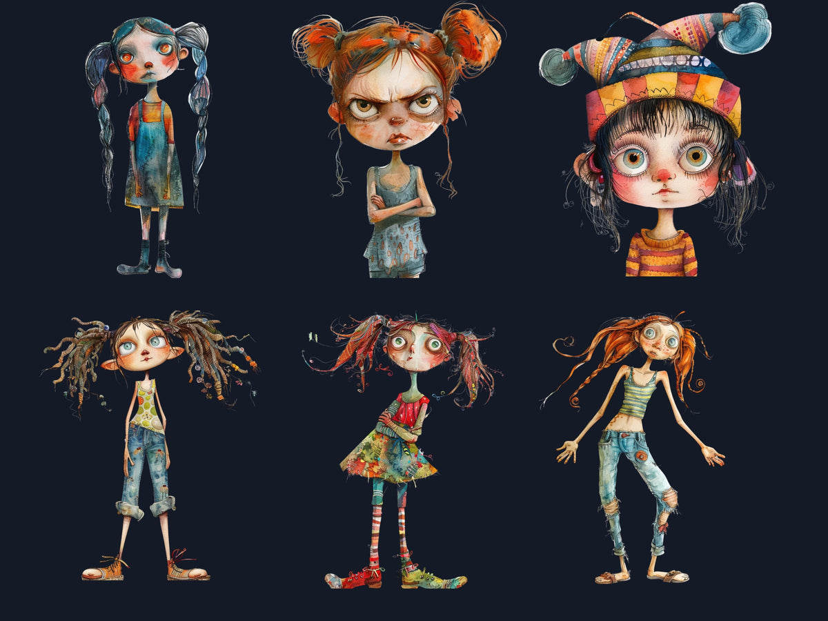 50 PNG Watercolor Quirky Girls Bundle Clipart, Whimsical Girl Illustrations Clip art, Funny Little Girls Emotions png, Quirky Sublimation