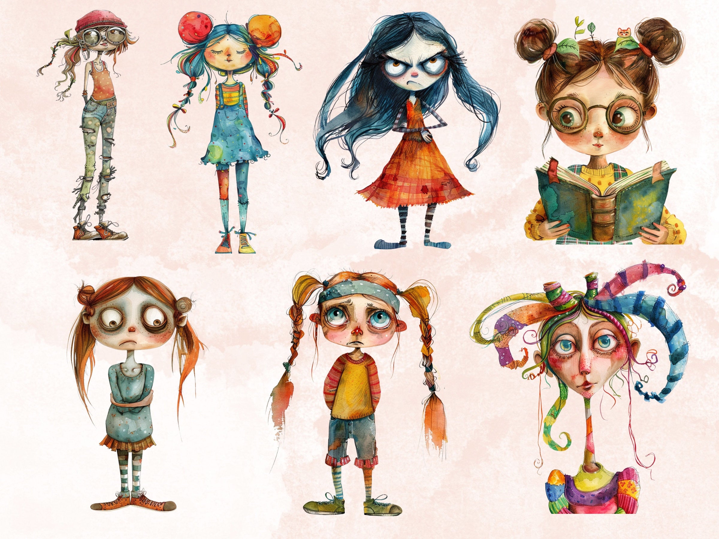 50 PNG Watercolor Quirky Girls Bundle Clipart, Whimsical Girl Illustrations Clip art, Funny Little Girls Emotions png, Quirky Sublimation