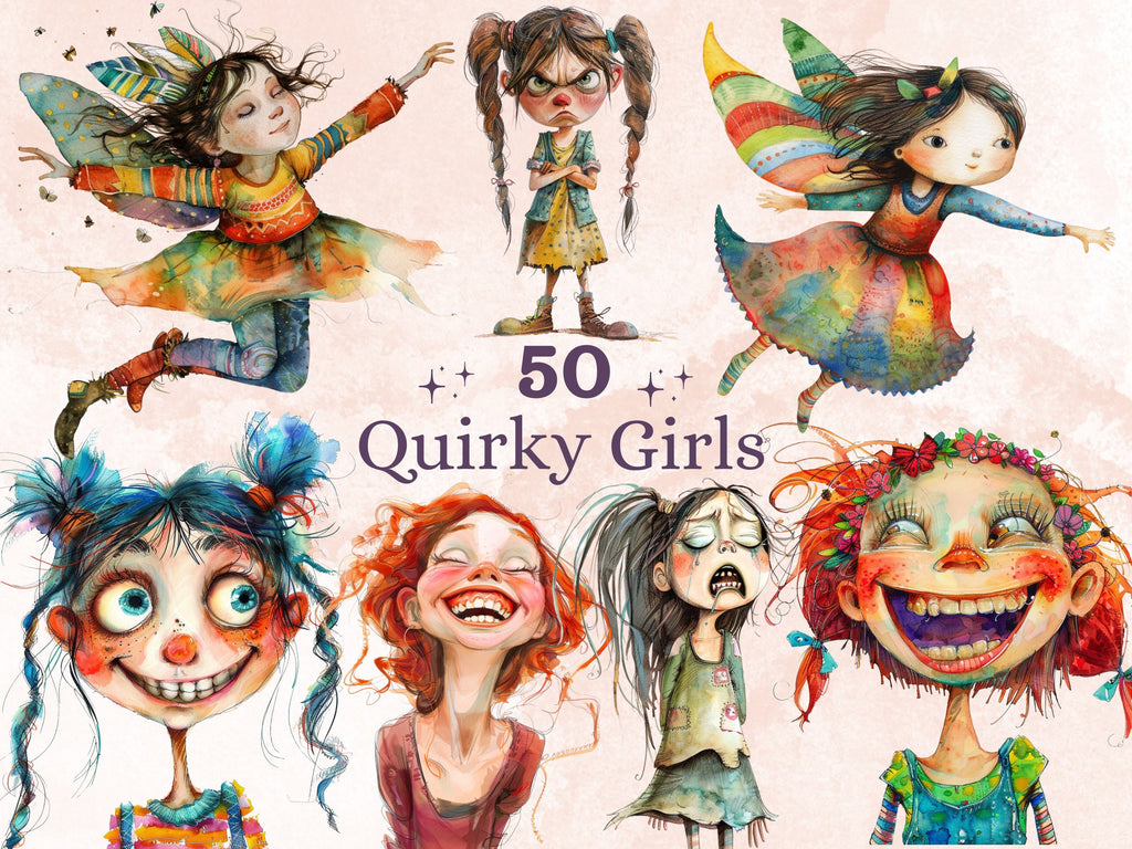 50 PNG Watercolor Quirky Girls Bundle Clipart, Whimsical Girl Illustrations Clip art, Funny Little Girls Emotions png, Quirky Sublimation
