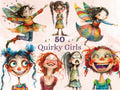50 PNG Watercolor Quirky Girls Bundle Clipart, Whimsical Girl Illustrations Clip art, Funny Little Girls Emotions png, Quirky Sublimation