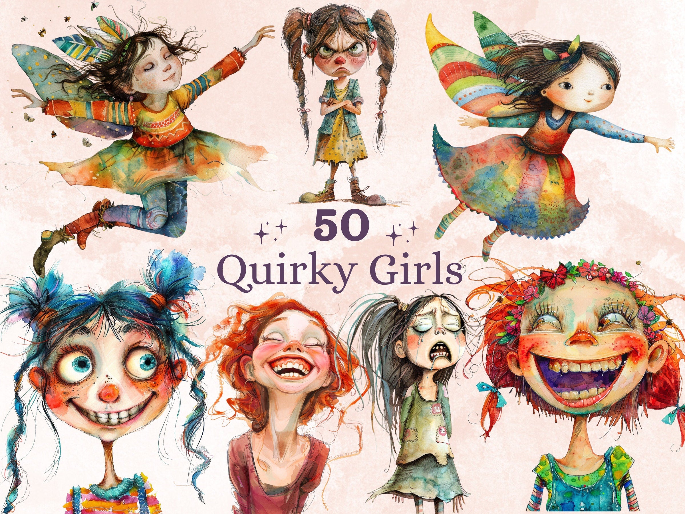 50 PNG Watercolor Quirky Girls Bundle Clipart, Whimsical Girl Illustrations Clip art, Funny Little Girls Emotions png, Quirky Sublimation